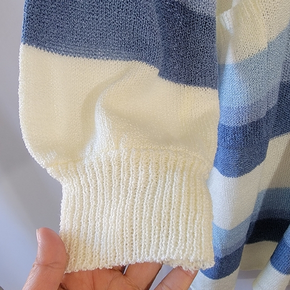 POL Blue White Striped Long Duster Cardigan Sz L Pocket Cottagecore Relaxed Fit - Picture 7 of 12